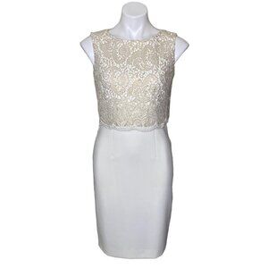 Tahari ASL NWT $159 Lace Overlay Cocktail Sheath Dress, Ivory/White Gold Size 2
